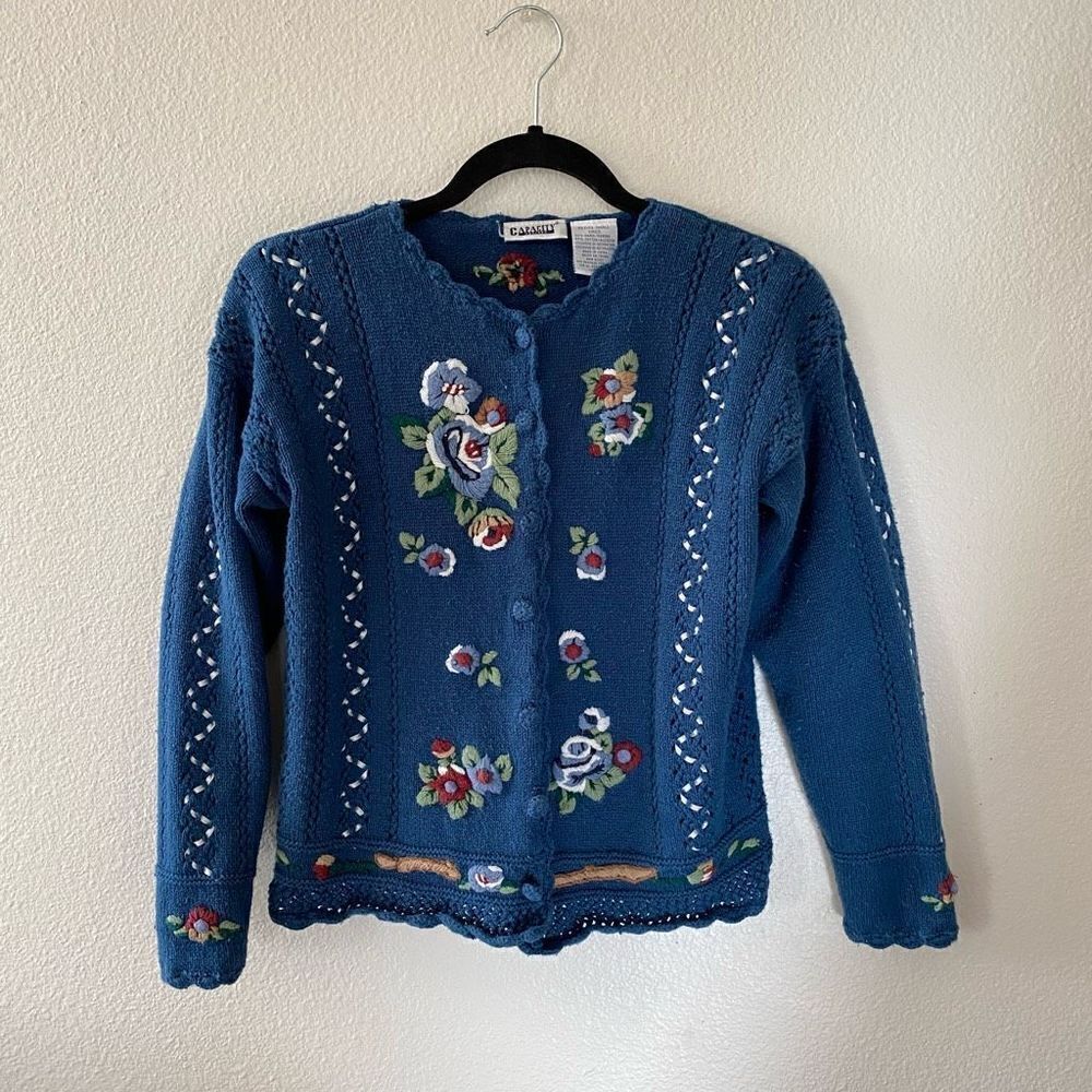 Vintage Blue Knitwear Floral Embroidered Cardigan